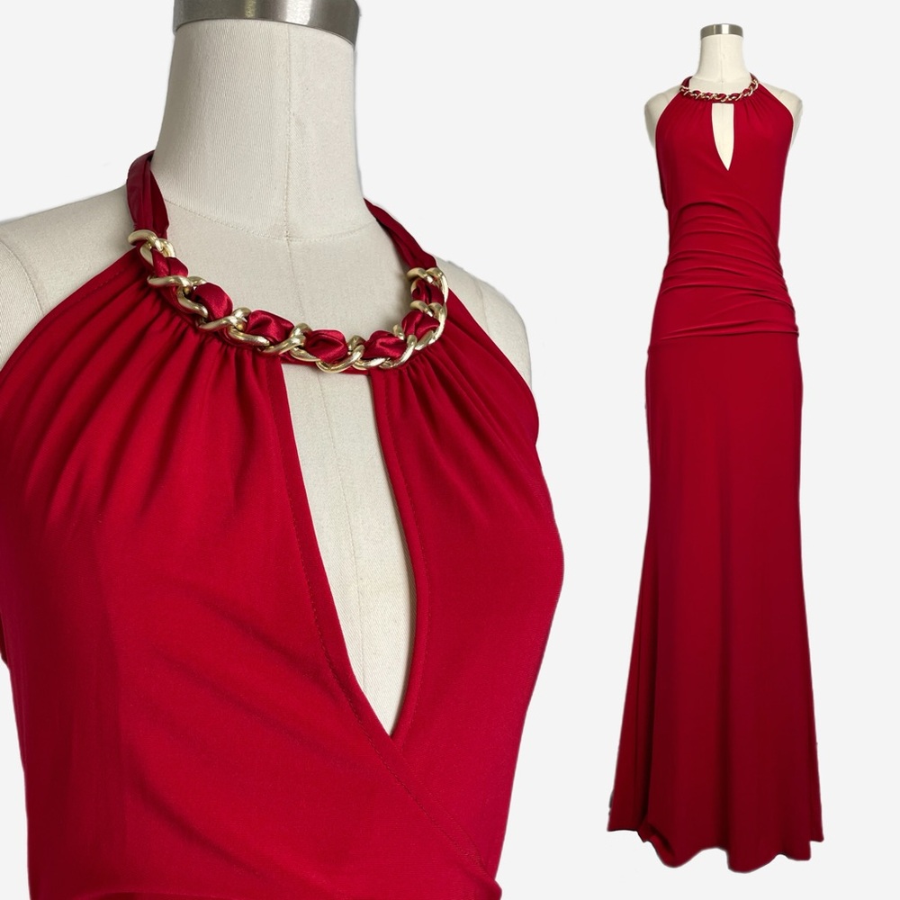 Vintage Y2K Janine NWT Red chain neck halter cutout slinky gown formal mobwife S